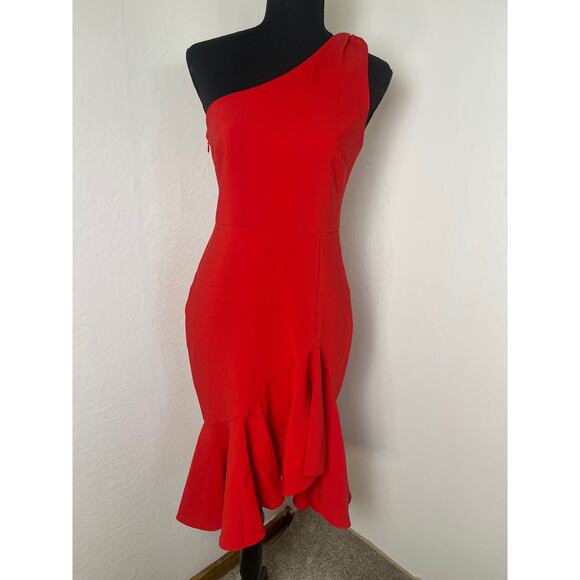 NWT Likely Women's Glam Chic Preppy Ruffle Hem One Shoulder Midi Dress Red 2 - Picture 1 of 11